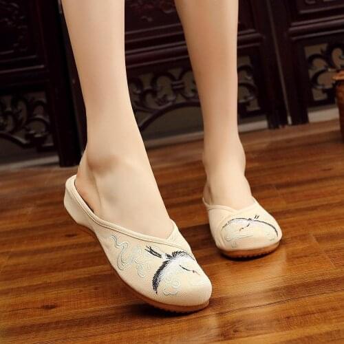 Retro Crane Embroidered Ladies Canvas Shoes Flat Slides Mules For Women Chinese Embroidery Slippers Comfort Linen Cotton