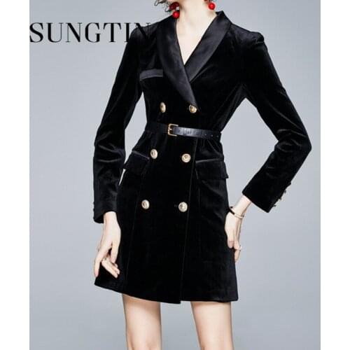Sungtin V Neck Velvet Blazer Dress Women Slim Waist Mini Dress Office Lady Long Sleeve Double Breasted Party Dresses Fashion OL