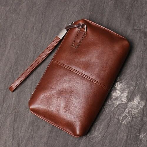 Vintage Men Clutch Bags Genuine Leather Casual Long Wallet Brown Credit Card Holder Small Phone Bag High Quality Purses