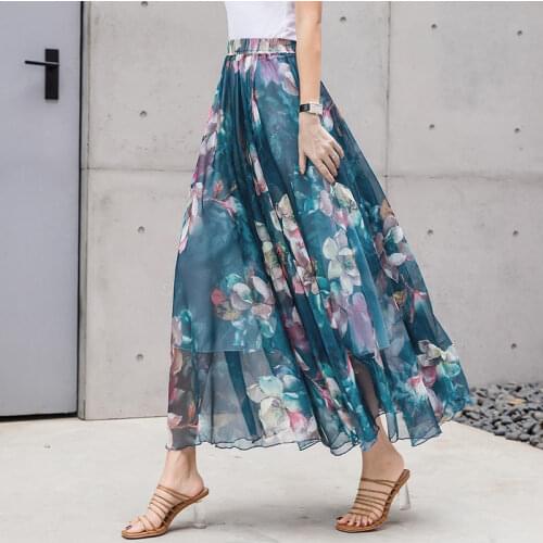 Limiguyue Summer Butterfly Floral Print Chiffon Skirt Women Long Maxi Skirts Beach Bohemian Holiday Elastic Waist Jupes K932