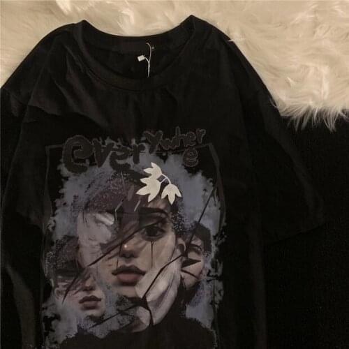 \Women Dark Black Clothes Aesthetic Girls Punk Loose Fashion Summer Top Female Tee Black Y2k Top Graphic Tee Women Clothing