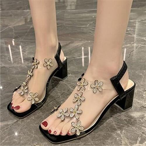 Diamond Flower Ankle Strap Sandals Womens Summer Crystal Thick Heel 2021 New Versatile Transparent High Heels Shoes Eu 35-40