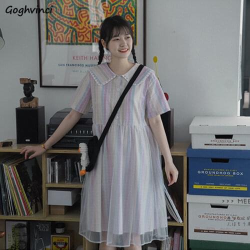 Dresses Women Summer Basic Patchwork Simple Leisure Striped All-match Students Korean Style Streetwear Trendy Mesh Aesthetic New