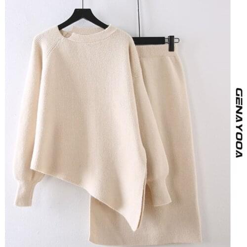 Genayooa Korean Two Piece Set Top And Skirt Casual Knitted Sweat Suits Streetwear 2 Piece Set Women Two Piece Skirt Set Srping
