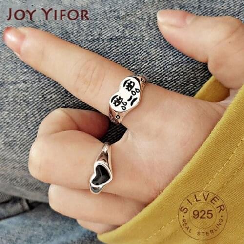 925 Sterling Silver Black LOVE Heart Rings for Women New Fashion Cute Cartoon Face Thai Silver Rock Party Jewelry Gifts