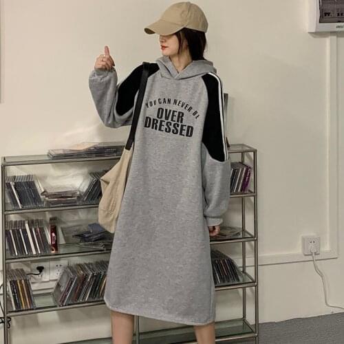 Fashion Hooded Sweatshirt autumn winter thickened medium length letter print color matching dress for women