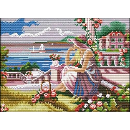 11CT Stamped Cross Stitch Kits Preprinted Embroidery Cloth DIY Needlepoint Kits for Beginners a Girl Looking At the Sea
