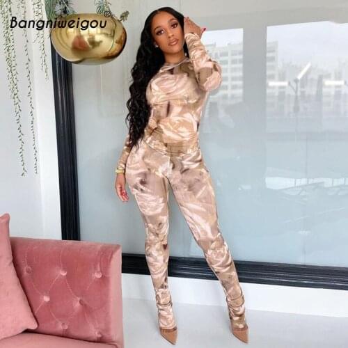 Bangniweigou Allover Printed Long Sleeve Top Slit Leggings Two Piece Set Women High Street Bodycon Slim Outfits Fall Winter