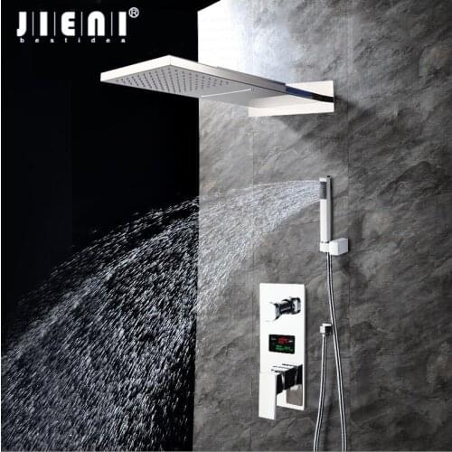 JIENI Chrome Polished Bathroom Shower Faucet Wall Mount Rainfall Shower Head 3 Functions Digital Display Mixer Shower Faucet Set