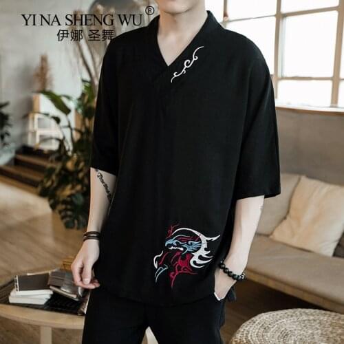 Kimono Japanese Men Shirt T-shirt Embroidered Japan Harajuku Fashion Style Male Yukata Haori Casual Cardigan Loose Asian Costume