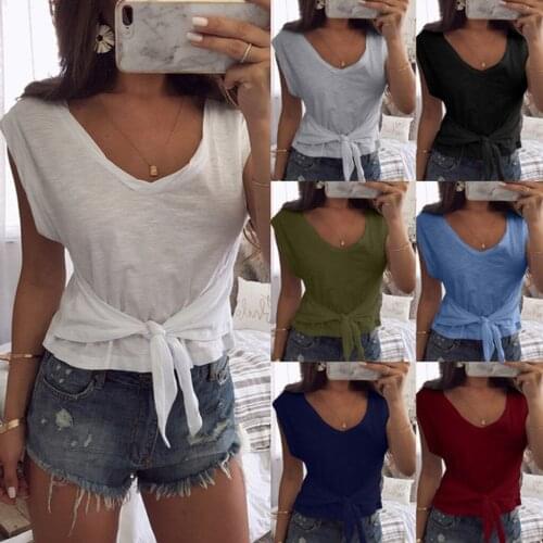 Kuelawear Summer New Fashion Casual Womens V-neck Solid Color Short Slim Short-sleeved T-shirt Bottoming Shirt