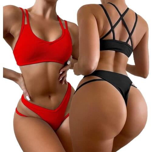 Sexy Vest Type Two Piece Swimsuit String Bandage Thong Bikinis Women Swimwear Push Up Bikini Set Padded Bathing Suits Beach Wear