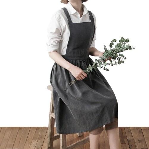 Fashion Washed Cotton Linen Apron Female Nordic Literary Style Coffee Shop Home Kitchen Baking Restaurant Floral Painting Apron