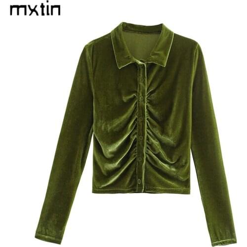 MXTIN 2021 Women Autumn Fashion Solid Single Breasted Blouses Vintage Lapel Collar Long Sleeve Folds Female Shirt Chic Top Mujer