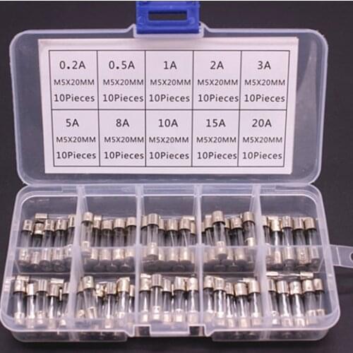 100Pcs Quick Blow Glass Tube Fuse Set 250V 5x20mm Fast-Blow Glass Fuses 0.2 0.5 1 2 3 5 8 10 15 20A amp Assortment Kit