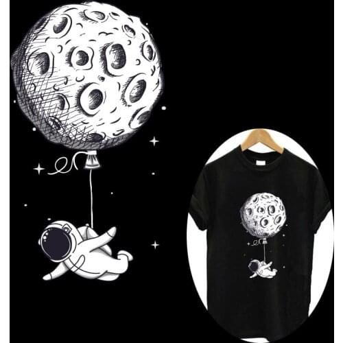 Cartoon Astronaut And Moon Patches Stickers On Clothes Iron On Transfers For Clothing DIY T-shirt Accessories Applique Stripe
