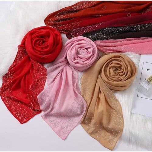90*180CM New Malaysia Monochrome Hot Rhinestone Long Bandana Porcelain Jewelry Satin High Quality Scarf Jersey Hijab Wholesale