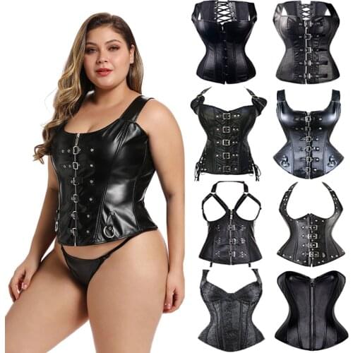 New Sexy Overbust Corset Women Steampunk Steel Boned Lace Up Bustier Waist Cincher Leather Bra Gothic Lingerie Black Plus Size