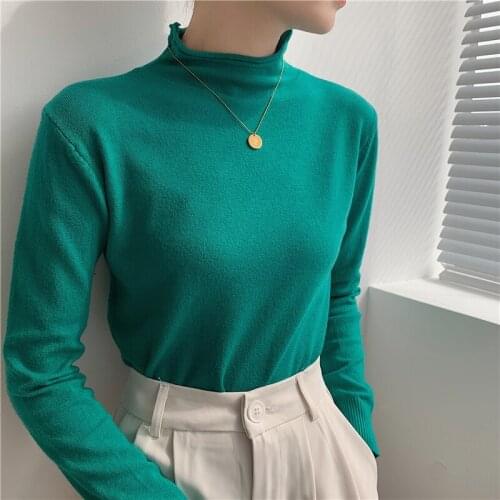 2021 Fall Turtleneck T-shirts Solid Sweater Long Sleeve Knitted Pullovers Tops Tees Stretch Slim Winter Casual Wear T078