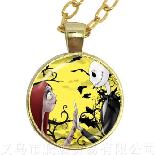 The Hot Sun Jack Skellington And Sally Series Pattern 25mm Glass Cabochon Hyperbole Necklace Halloween Party Gifts For Women