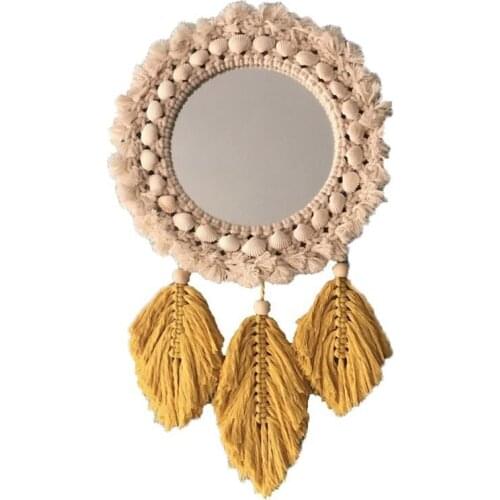 Nordic Handmade Woven Tassel Hanging Wall Mirror Ethnic Boho Cotton Rope Feather Leaves Pendant Macrame Mirror Home Living