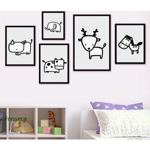 Simple And Cute Cartoon Sketch Animals Canvas Painting Nordic Print And Poster Wall Art Pictures for Kids Room Home Decoration