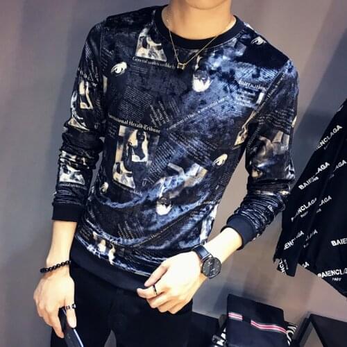 Luxury Velour Newspaper Printing Homme Club Outfit Men Slim Fit Long Sleeve O Neck Velvet T Shirt