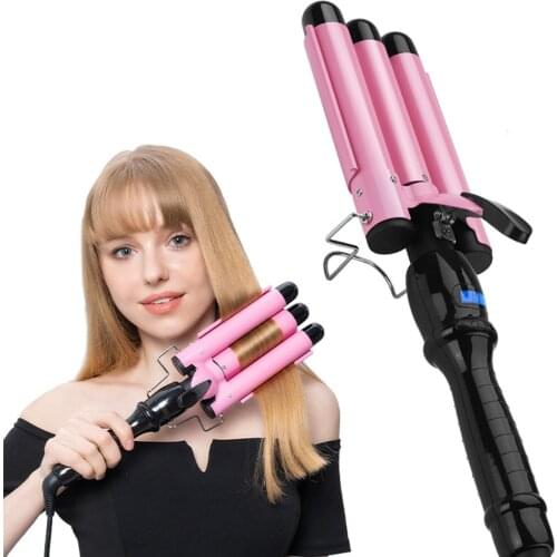 Pink Hair Curling Iron 3 Barrel Digital Hair Curler with LED display Salon Hairdressing Waver Curling Tool US Plug