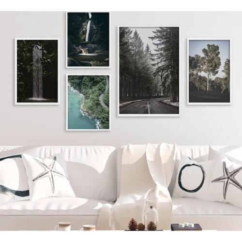 Scandinavian Mountain Forest Waterfall Landscape Poster Nature Scenery Painting Wall Picture Canvas Art Printing Home Decoration