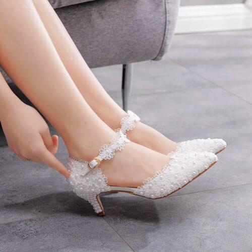 Crystal Queen Women Shoes White Lace Wedding Shoes 5CM High Heels Shoes PUMPS White Lace Sweet Princess Party Mary Janes Heels