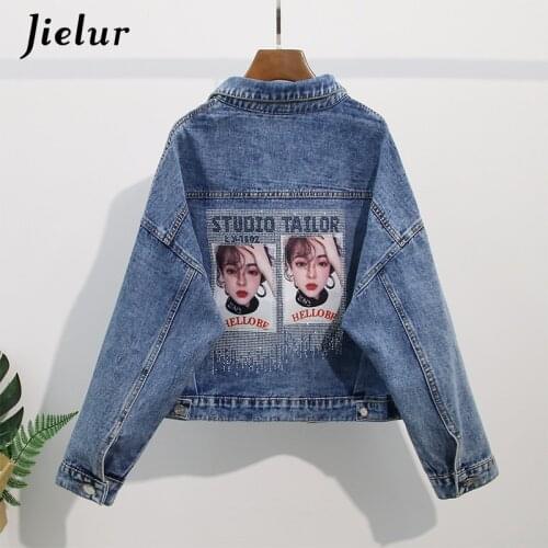 Jielur New Autumn Women Jacket Hipster Pockets Turn-down Collar Jean Coats Button Female Jackets Printed Blue Denim Coat S-XXL