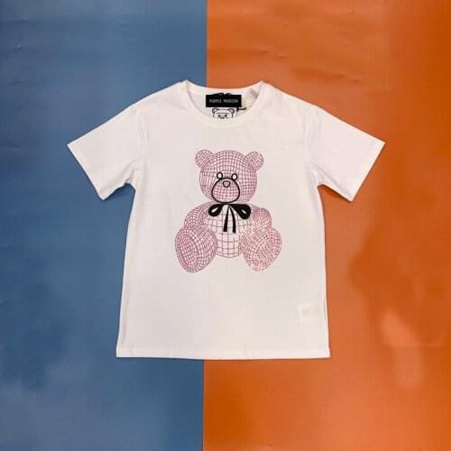 2021 womens new pure cotton round collar diamond-inlaid cartoon bear bow T-shirt