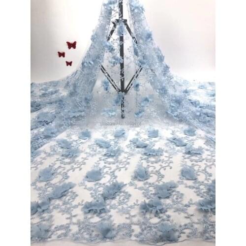 Hot Sale Blue Color Handmade French Beaded Lace Fabrics 2019 3D Big Flower Fabric Luxury Full Beaded Bridal Lace Fabric 5Yards