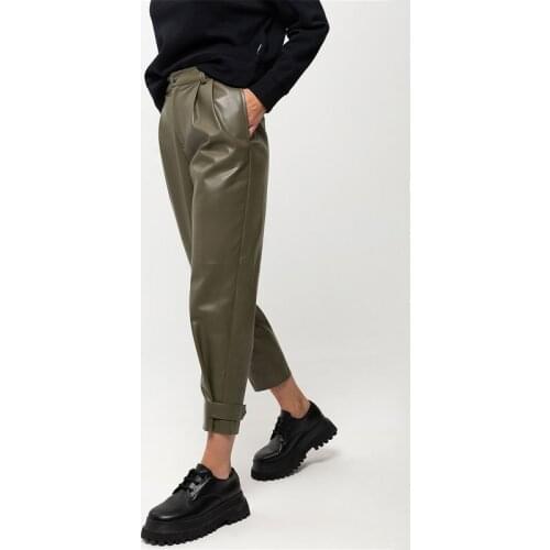 Women Office Basic Button Zipper Harem Pants 2021 Casual Solid Color Real Pocket Loose Pu Leather Pant Fashion Autumn Trousers