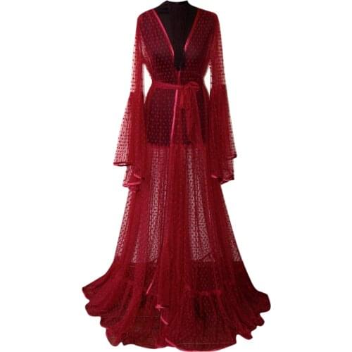 Women Lace Transparent Long Dress Sexy Long Sleeve See-Through Mesh Polka Dot Summer Sleeping Dresses Lingerie For Female