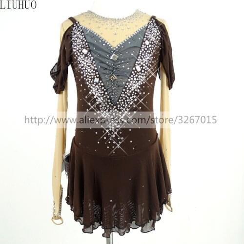 Figure Skating Dress Womens Girls' Ice Skating Dress Competitive performance clothing Dark grey round neck long sleeve