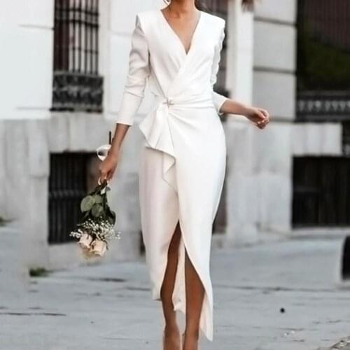 Women Dress Autumn Front Twist Drape Formal Dress Solid Color V Neck Wrap Front Split Midi Dress Ladies Irregular Small Dress