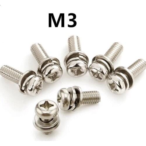 100PCS M3x5/6/8/30mm GB9074.4 Stainless steel phillips pan head three combination screw sems screws with washer tamper-resistant