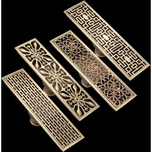 Free Shipping Antique Brass 8 x 28cm Bathroom Linear Shower Floor Drain Wire Strainer Waste Drainer Flower Carved FD015
