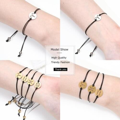 Stainless Steel 12 Constellation Bracelet Handmade Wax Cord Braided Hand Rope Women Men Golden Silvery Bracelets