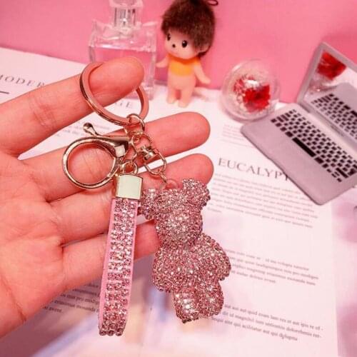 Mini cute Bear Lovely Keychain Rhinestone Bear Animal Keychain Leather Strap Car Key Chain Bag Pendant Ring Holder Charm