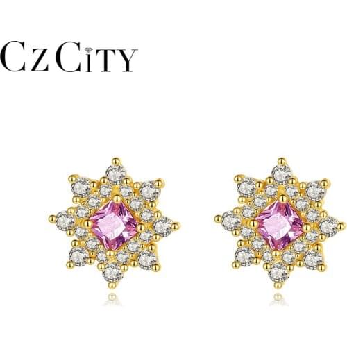 CZCITY Cute Flower-Shaped Stud Earrings for Women Girls Dating Purple Crystal Earring 925 Sterling Silver Fine Jewelry SE-526