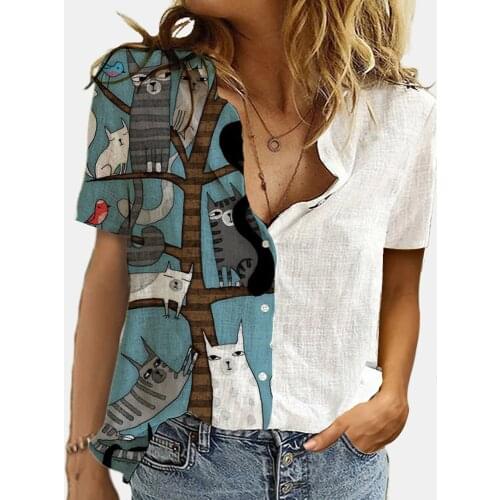 Cat T Shirt Vintage Women S-3XL Summer T-shirt Patchwork Button Shirt Short Sleeve Casual Loose Print Plus Size Tops Women 2021