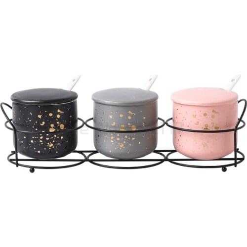 Ceramics Spice Jar Set Combination Home Use Kitchen Three-piece Spice Box with Metal Frame Salt Shaker Sugar Bowl Condiment Jar
