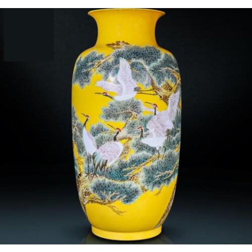 Jingdezhen Ceramic vase Hand Painted Pastel Pine Crane Landing Large Vase New Chinese Living Room Flower Home porcelain vase