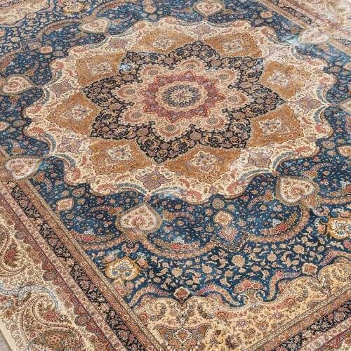 Good Quality 10'x14' Size Persian Dark Yellow Classic Hand-knotted Real Silk Carpet For Living Room