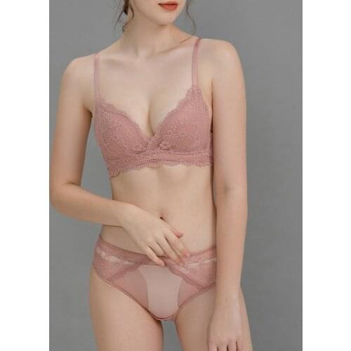 Lace Sexy Thin Triangle Cup Wireless Bra Set with Push Up Seamless Bra Transparent Panty Underwear Women French Lingerie