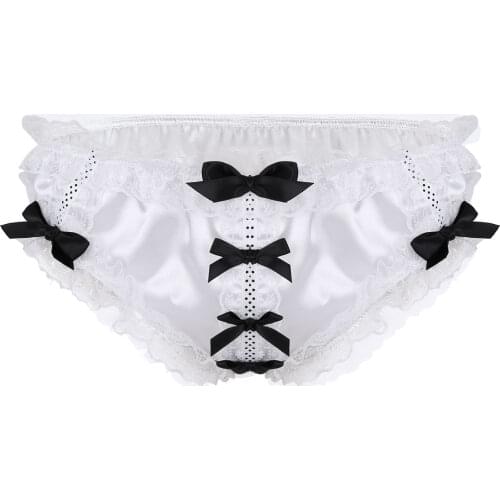 Gay Male Mens Sissy Bikini Panties Soft Shiny Ruffled Floral Lace Satin Lingerie Low Rise Stretchy Bikini Sissy Briefs Underwear