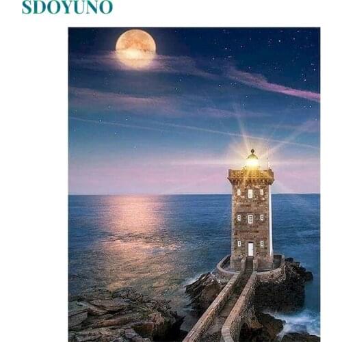 SDOYUNO Paint By Numbers Kits On Canvas Seascape DIY Frame 60x75cm Oil Painting By Numbers Tower Scenery Hand Painting Decor