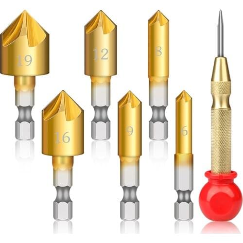 1pc Automatic Center Hole Punch Marker with 6pcs Countersink Drill Bit 1/4" Hex Shank 5 Flute Chamfering Cutter 6mm-19mm